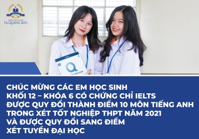 Chúc mừng các em học sinh khối 12 - khoá 6 có chứng chỉ IELTS được quy đổi thành điểm 10 môn Tiếng Anh trong xét tốt nghiệp THPT năm 2021 và được quy đổi điểm sang điểm thi Đại học